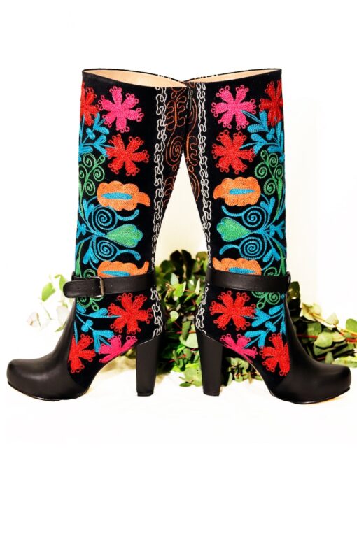 Colorful handmade boots with straps and high heels. Long-shafted in leather, velvet and embroidery
