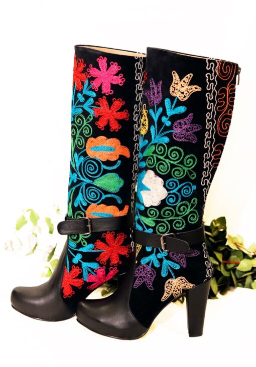 Unique and colorful handmade boots in Suzani textile and leather. High heels and riding boot straps