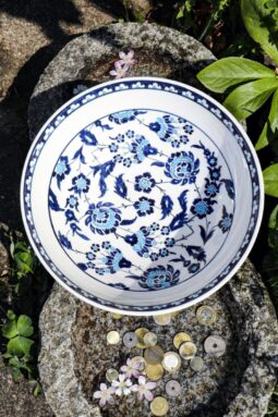 Khipa - Handmade unique ceramic bowl in white with blue flowers. Interior decorated.Perfect as applied art or decoration.